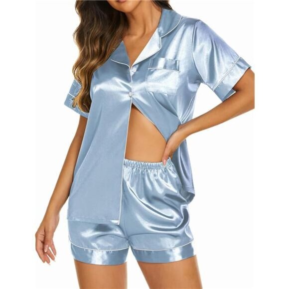 Women's Satin Silk Pajamas Set Short Sleeve Button Down Top and